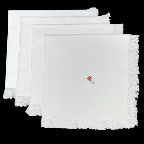 White Linen Napkins Set 4 Fringe Edge Cross Stitch Small Flower Red Green 15x15 - Picture 1 of 11